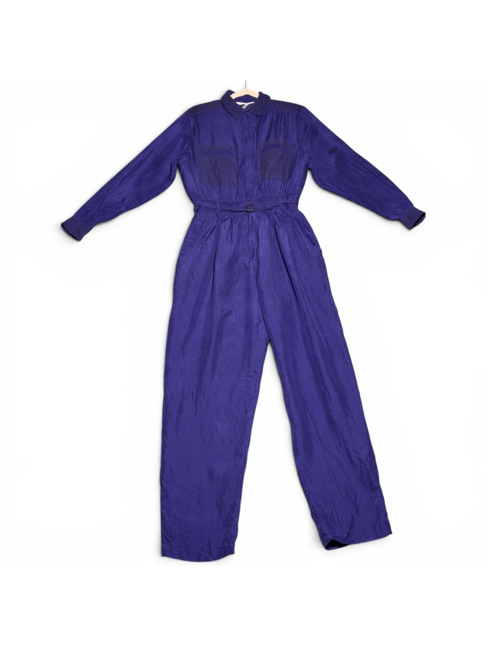 Vintage Sunny Leigh Purple 100% Silk Long Sleeve Jumpsuit with Belt Size L